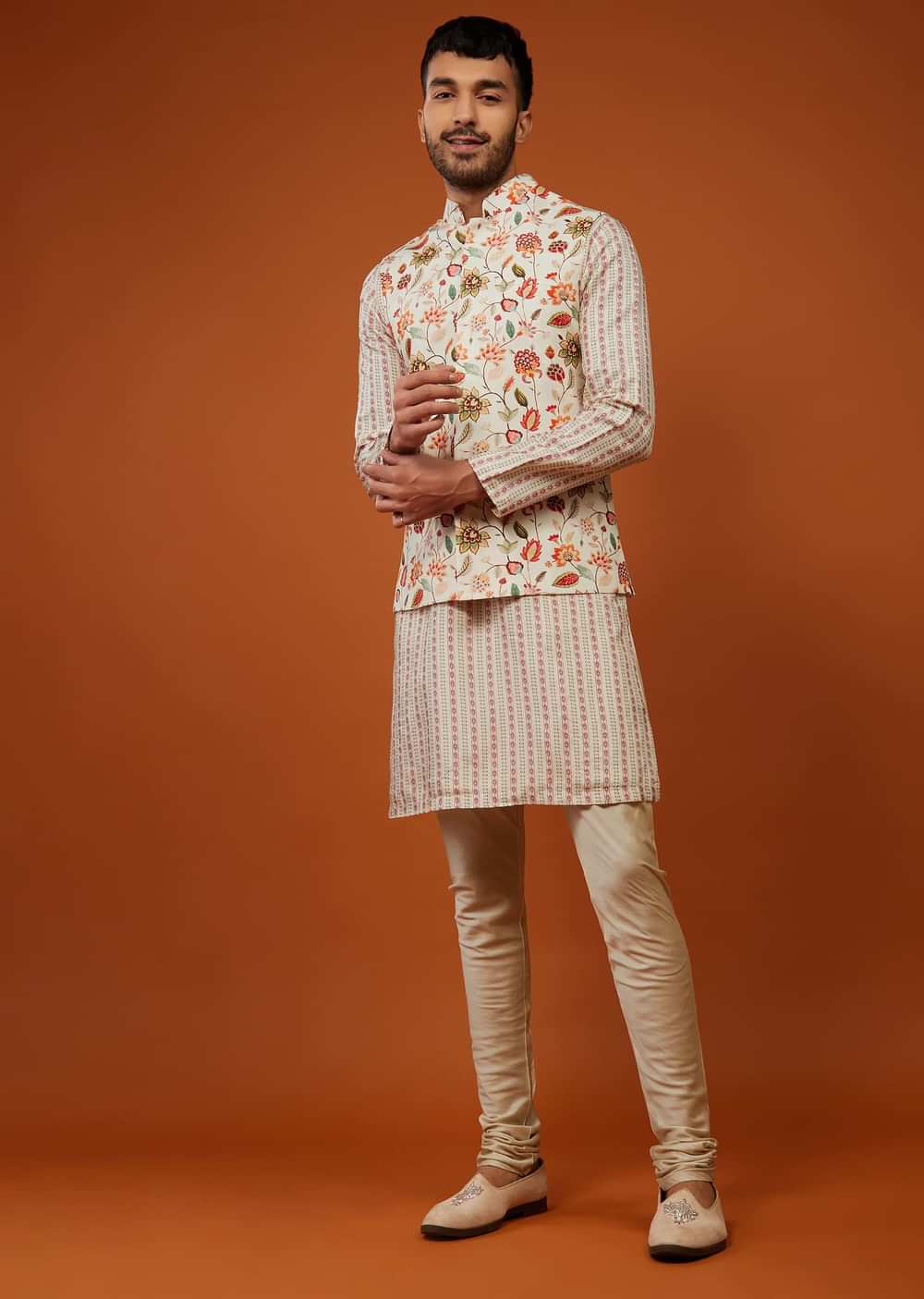 Off White Floral Printed Bandi Jacket Set In Cotton Silk