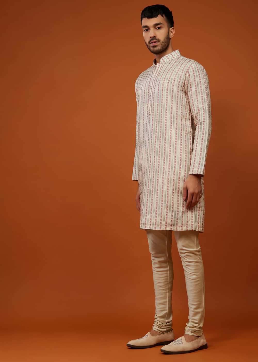 Off White Floral Printed Bandi Jacket Set In Cotton Silk