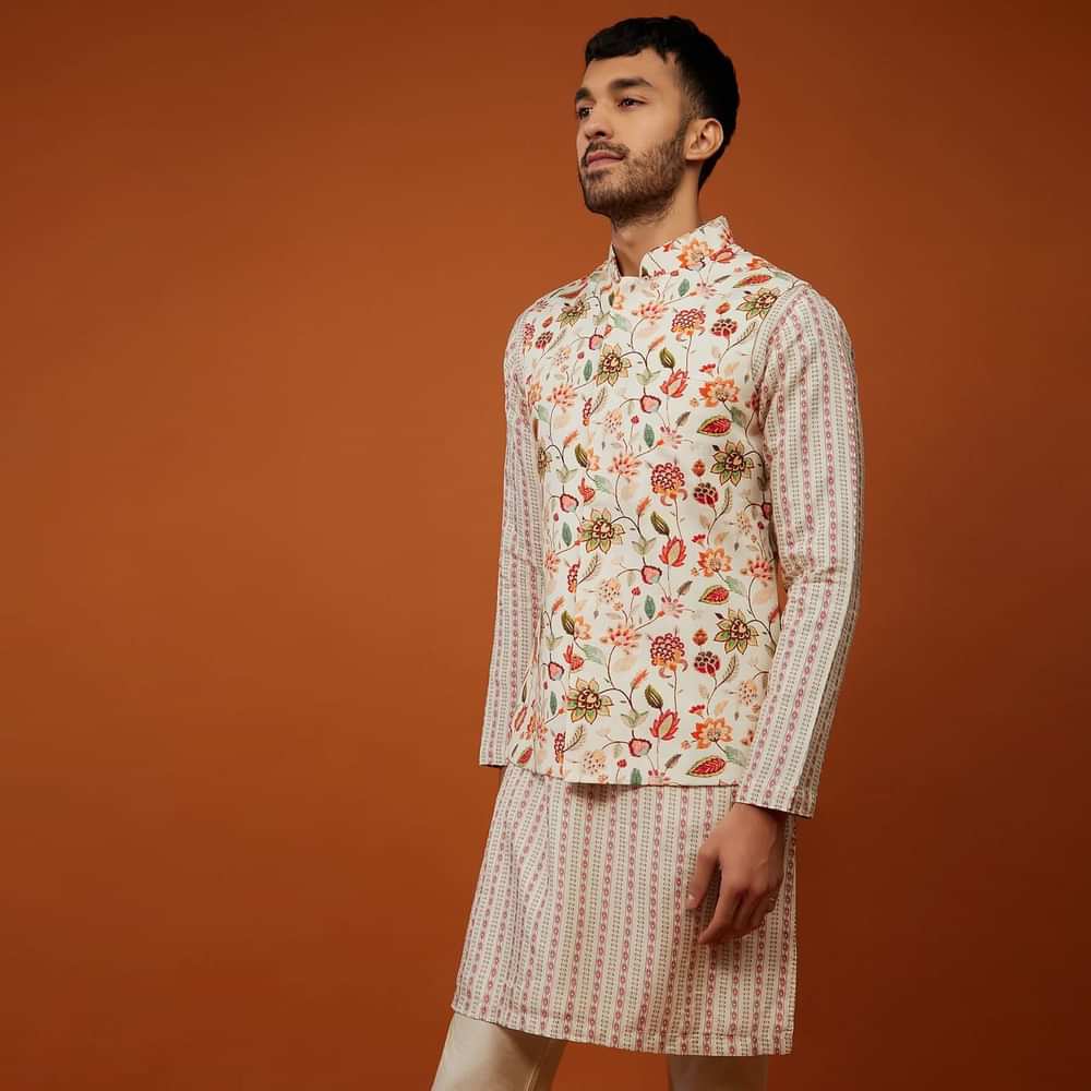 Off White Floral Printed Bandi Jacket Set In Cotton Silk