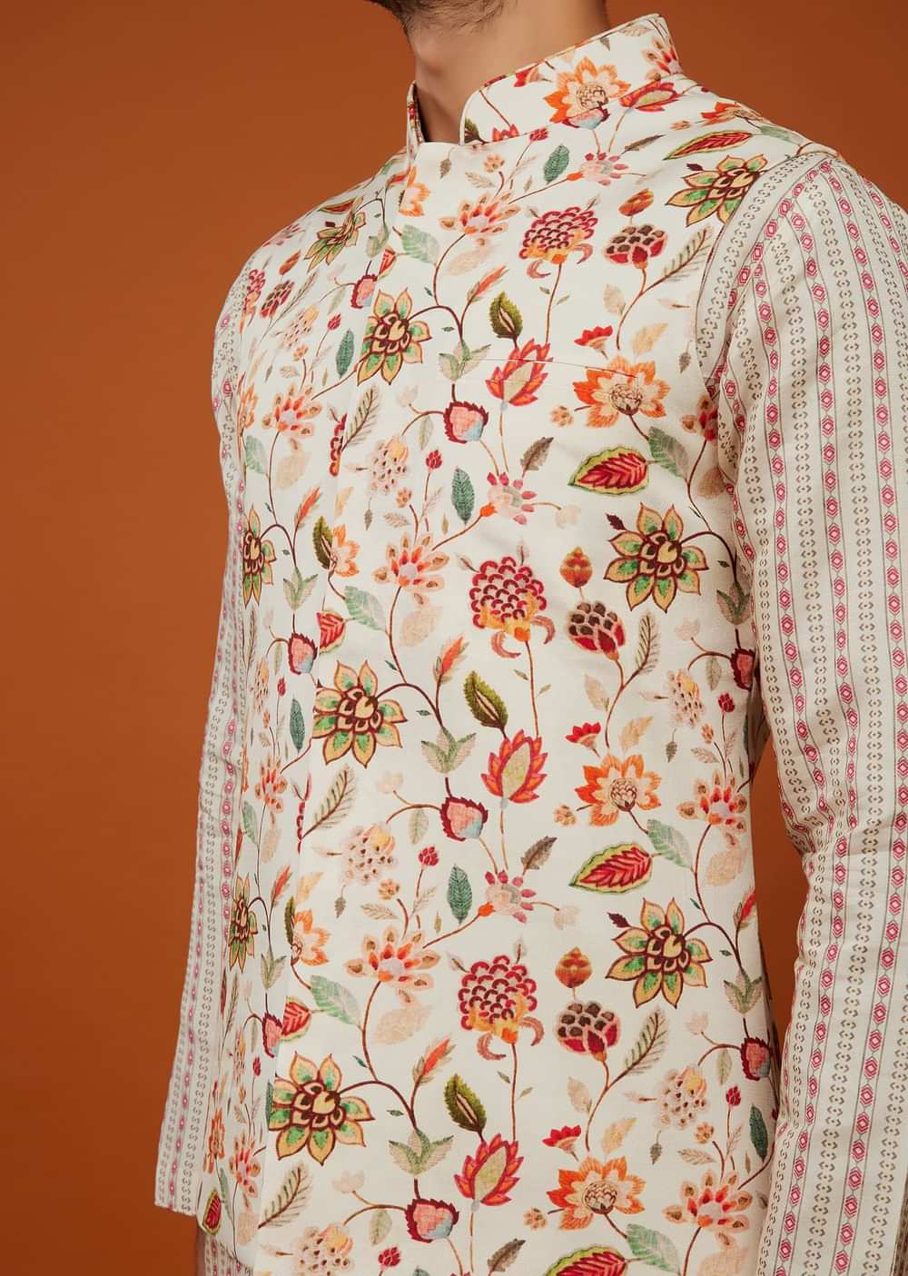 Off White Floral Printed Bandi Jacket Set In Cotton Silk