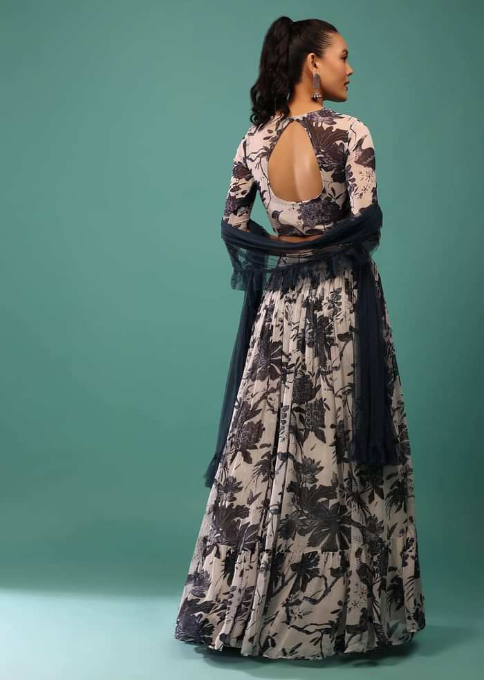 White Blouse And Skirt Set With Midnight Blue Floral Print Along With Frills And Sequins