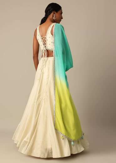 White Chanderi Handloom Lehenga Set With Mirror Work