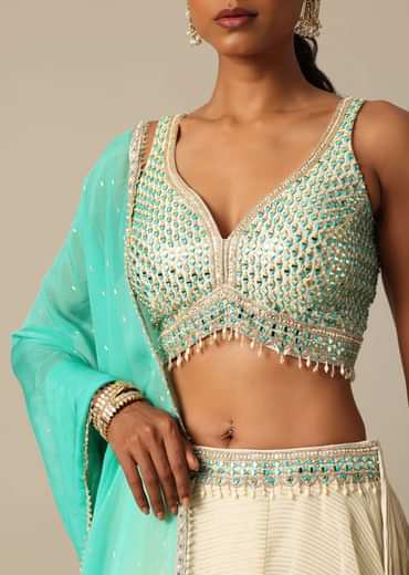 White Chanderi Handloom Lehenga Set With Mirror Work