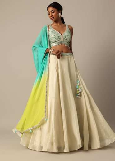 White Chanderi Handloom Lehenga Set With Mirror Work