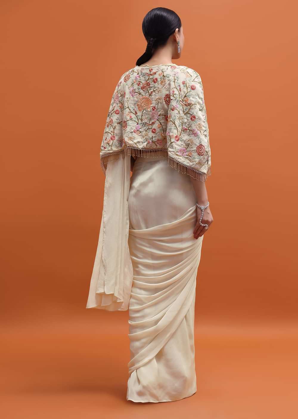 White Chiffon Embroidered Readymade Saree With Cape