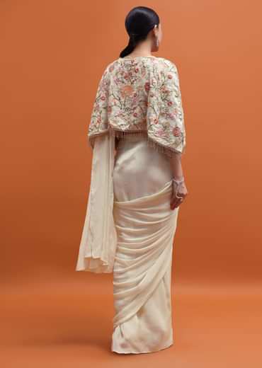 White Chiffon Embroidered Readymade Saree With Cape