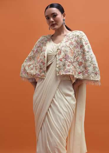 White Chiffon Embroidered Readymade Saree With Cape