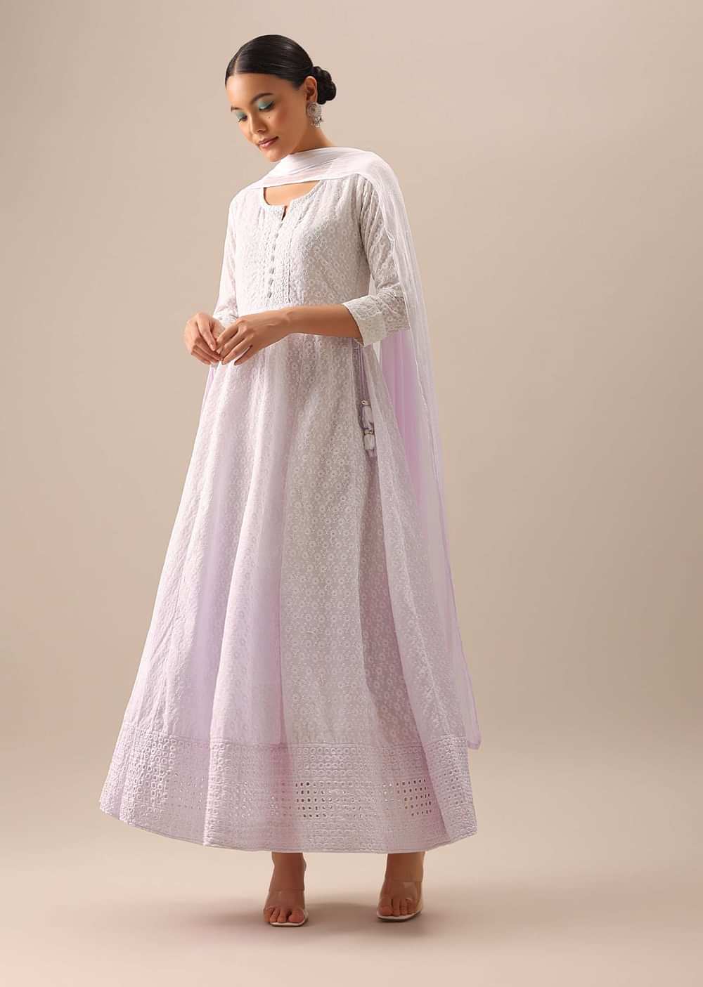 White Chikankari Anarkali Set with Sequin Embellishments