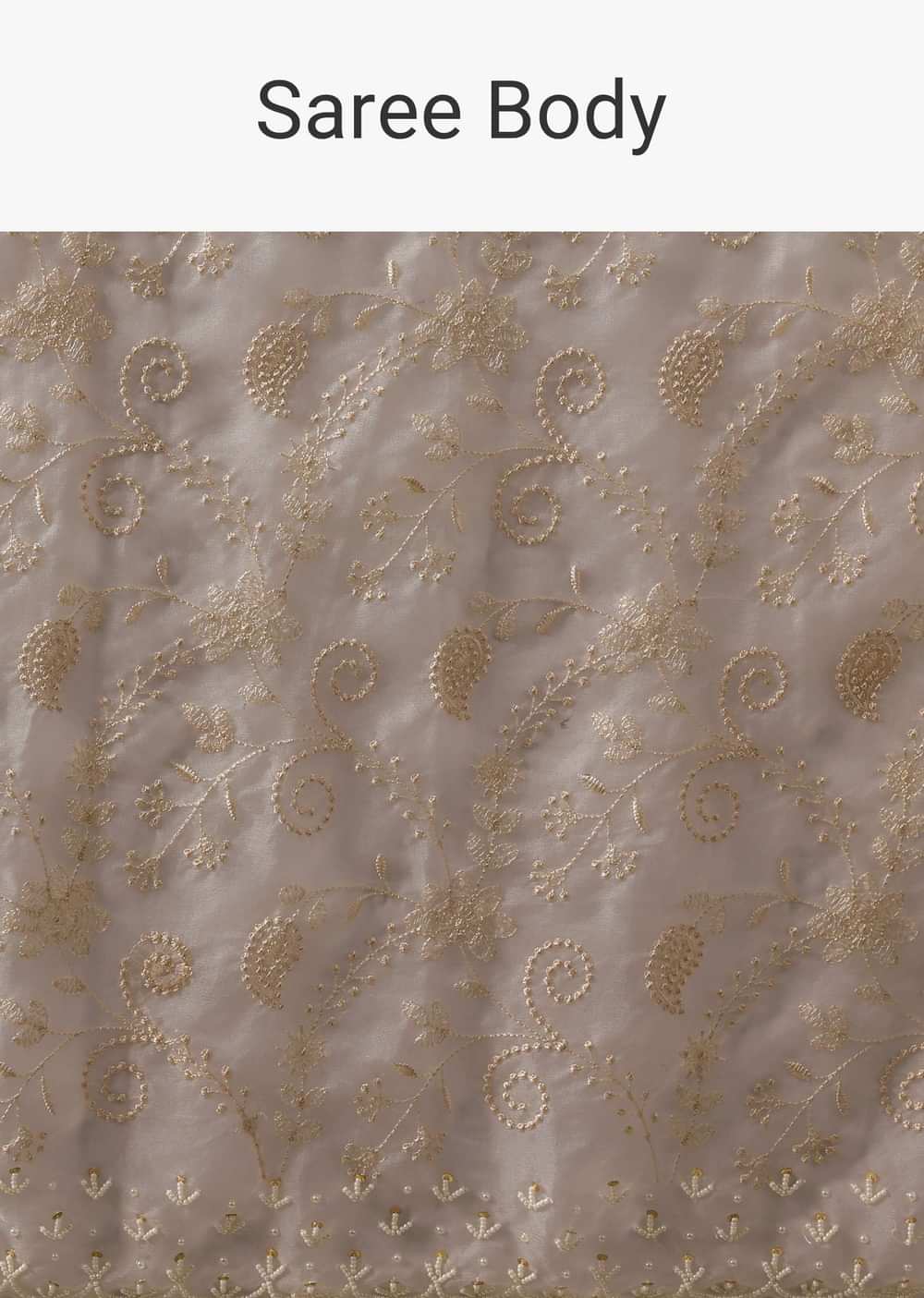 White Chikankari Saree In Organza Silk With Beaded Scallop Detail And Unstitched Blouse Fabric