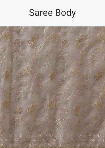 White Chikankari Saree In Organza Silk With Beaded Scallop Detail And Unstitched Blouse Fabric
