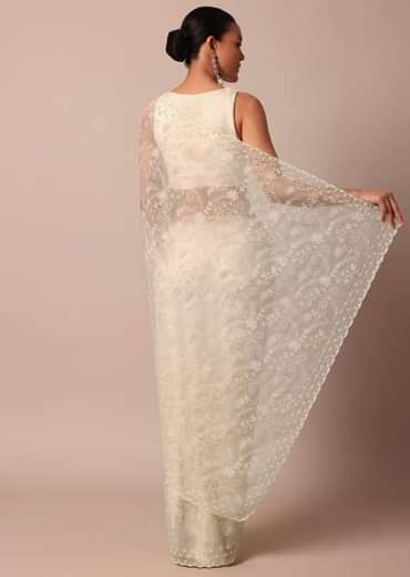 White Chikankari Saree In Organza Silk With Beaded Scallop Detail And Unstitched Blouse Fabric