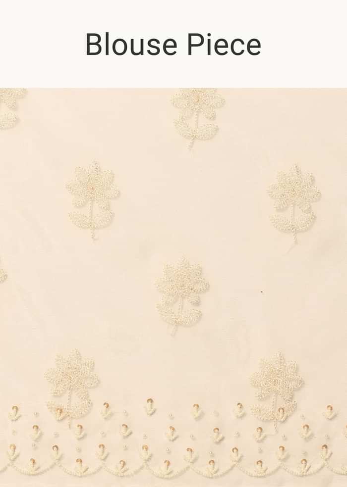 White Chikankari Saree In Organza Silk With Beaded Scallop Detail And Unstitched Blouse Fabric