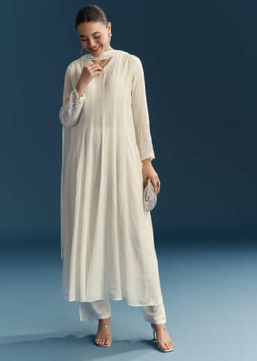 White Chinon Anarkali Suit With Sequins Work