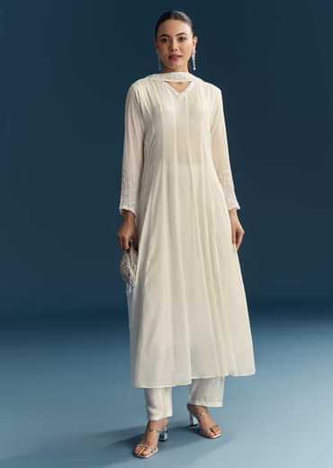 White Chinon Anarkali Suit With Sequins Work