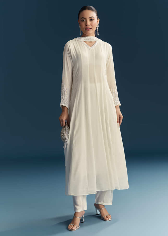 White Chinon Anarkali Suit With Sequins Work