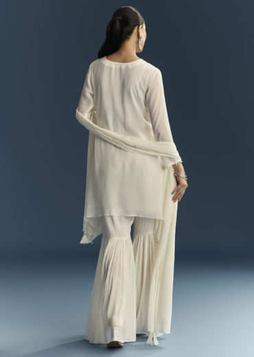 White Chinon Sharara Suit With Mirror And Sequins Embroidery