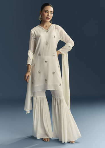 White Chinon Sharara Suit With Mirror And Sequins Embroidery
