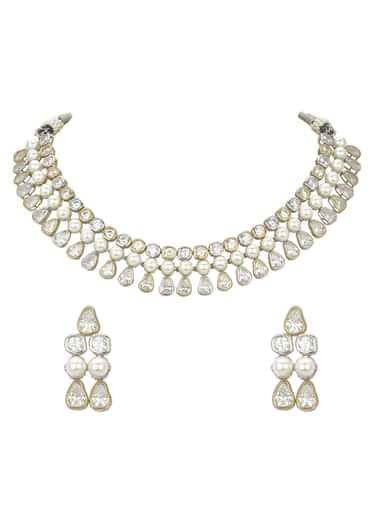 White Choker Set With Polki And Pearls