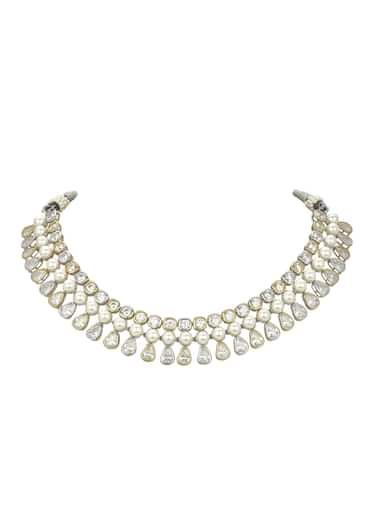 White Choker Set With Polki And Pearls