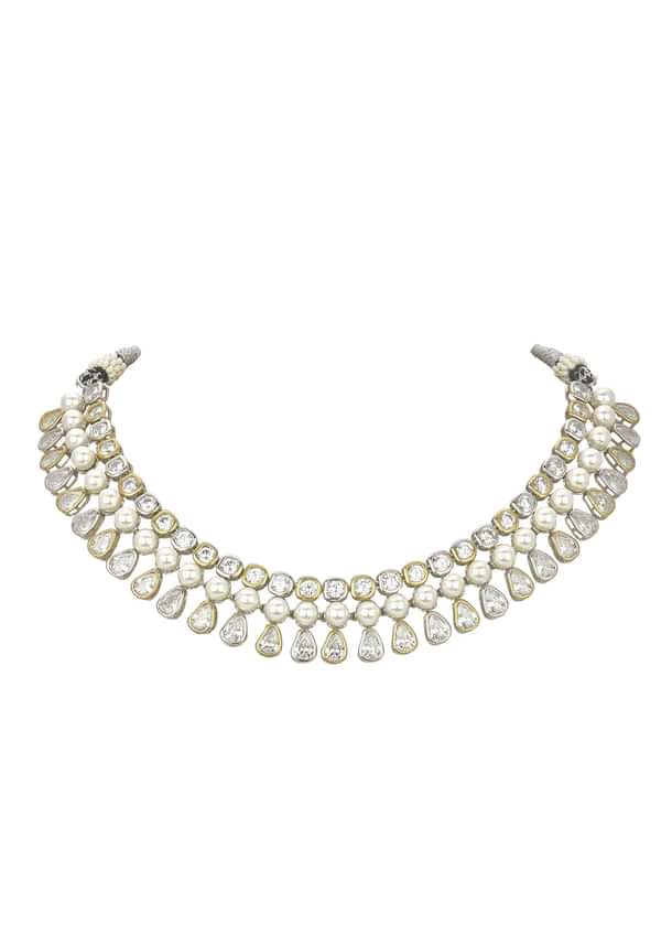 White Choker Set With Polki And Pearls