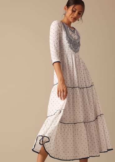 White Cotton Embroidered Flared Kurta