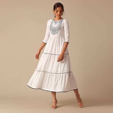 White Cotton Embroidered Flared Kurta