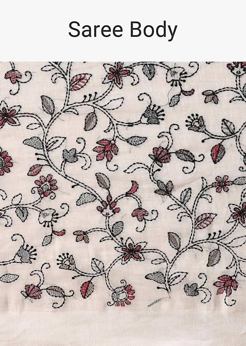 White Cotton Linen Floral Thread Embroidered Saree With Unstitched Blouse Piece