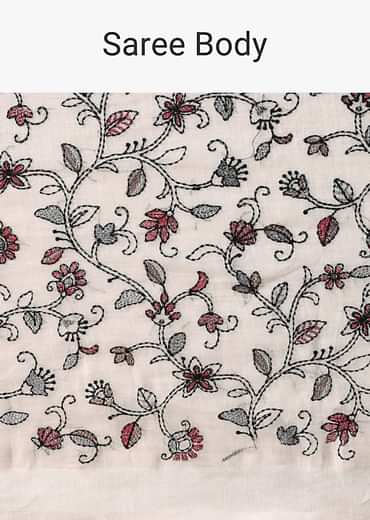 White Cotton Linen Floral Thread Embroidered Saree With Unstitched Blouse Piece
