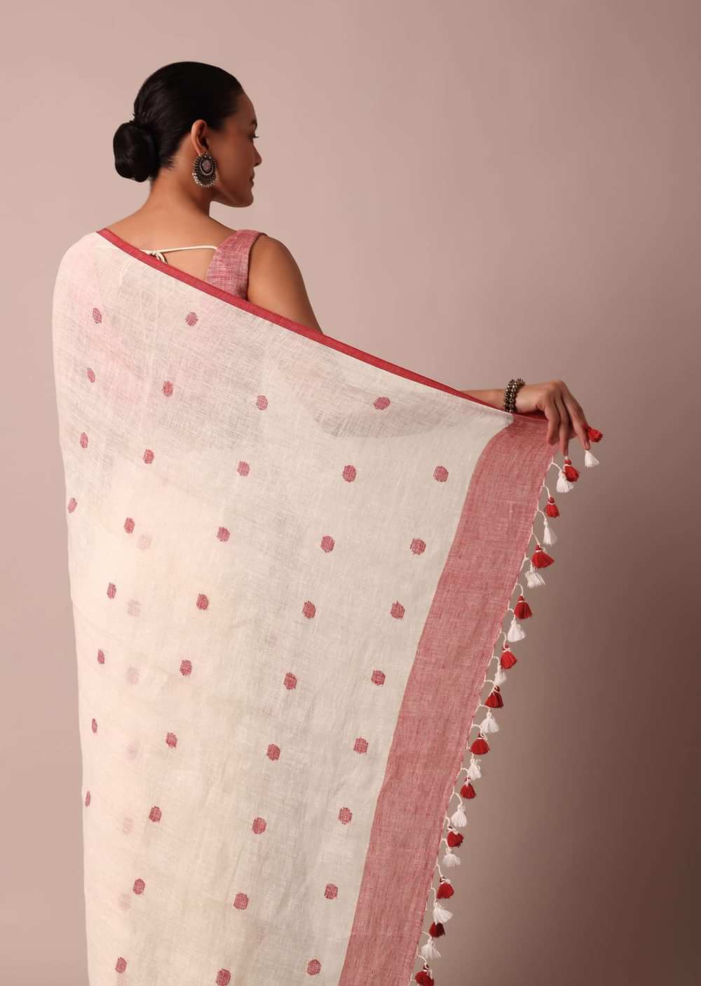 White Cotton Linen Saree With Red Polka Dots And Unstitched Blouse Piece