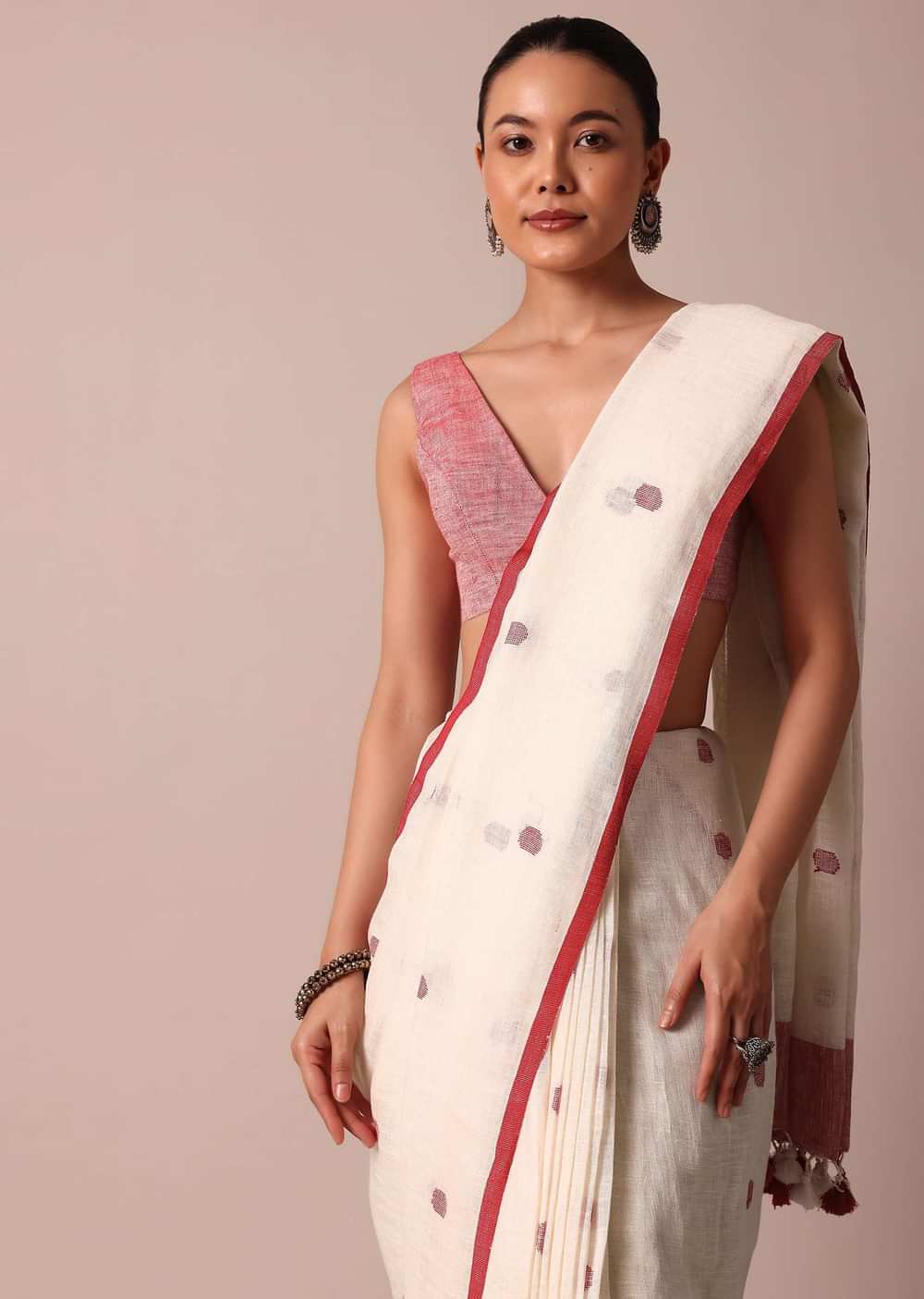 White Cotton Linen Saree With Red Polka Dots And Unstitched Blouse Piece
