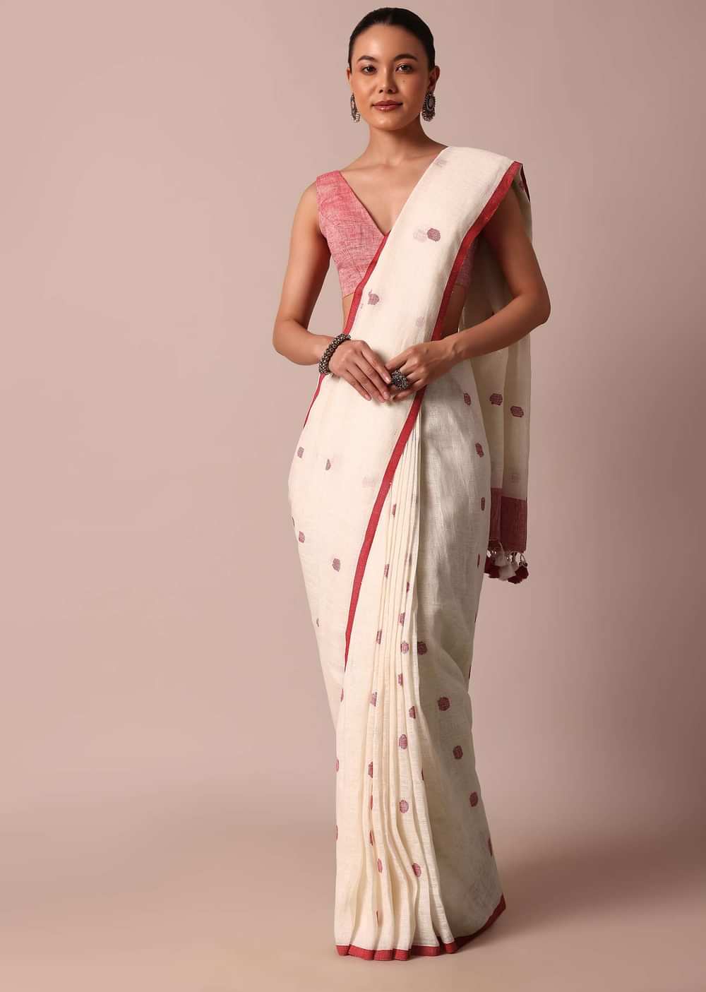 White Cotton Linen Saree With Red Polka Dots And Unstitched Blouse Piece
