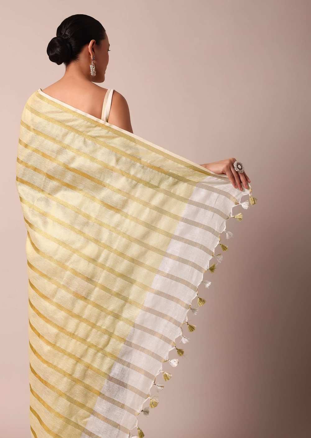 White Cotton Linen Zari Striped Saree With Floral Motifs And Unstitched Blouse Piece