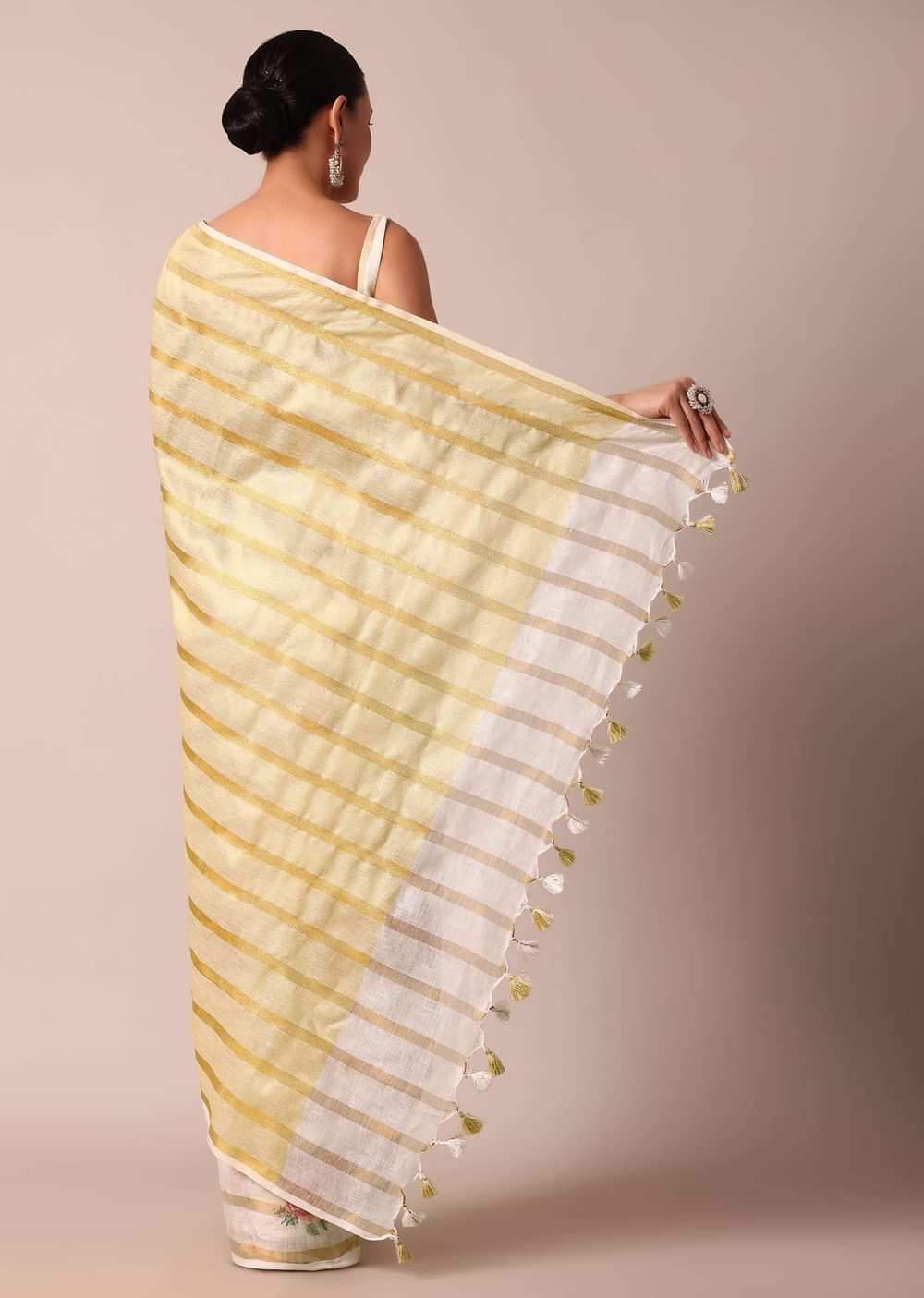 White Cotton Linen Zari Striped Saree With Floral Motifs And Unstitched Blouse Piece