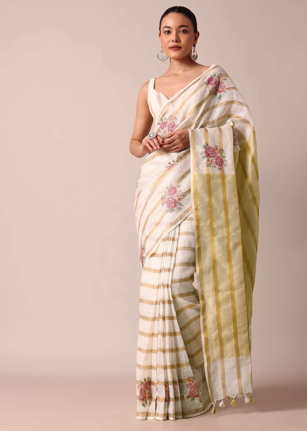 White Cotton Linen Zari Striped Saree With Floral Motifs And Unstitched Blouse Piece