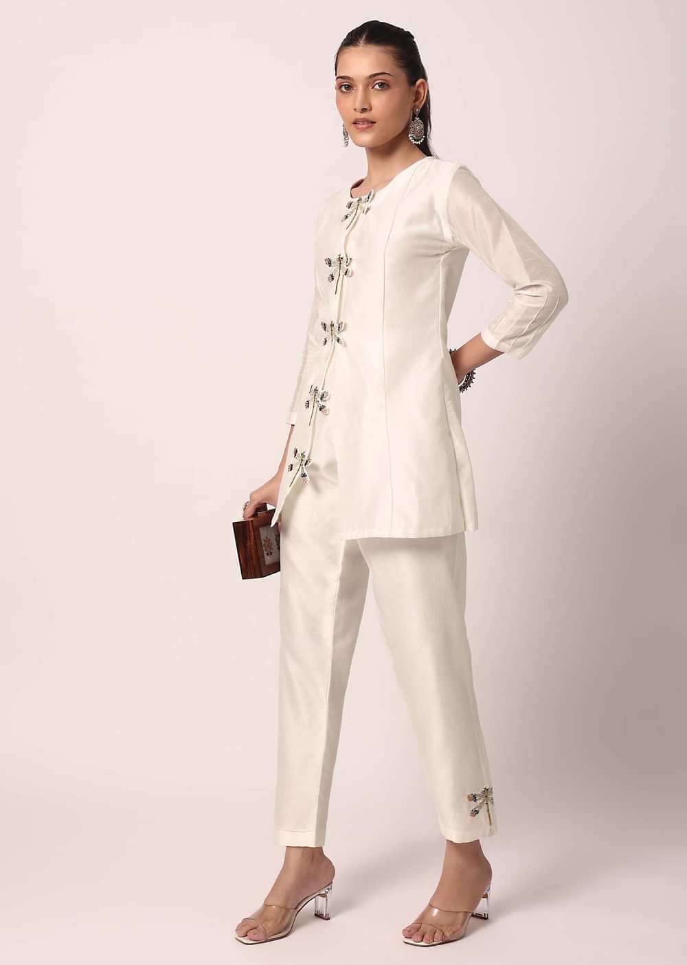 White Cotton Pant Set With Thread Motifs