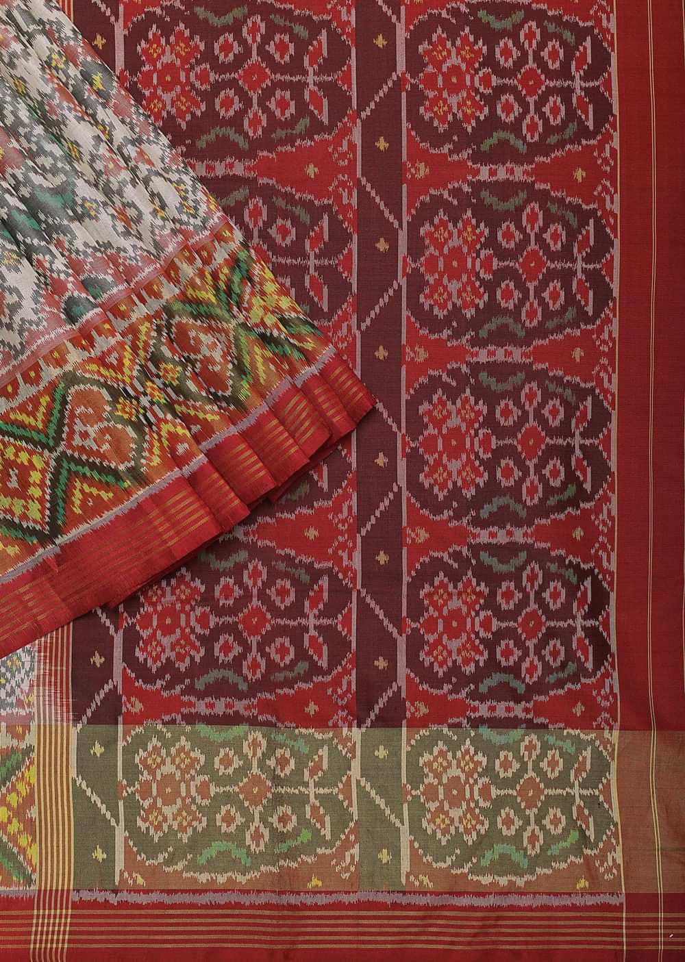 White Cotton Silk Saree With Ikat Patola Work And Unstitched Blouse Fabric
