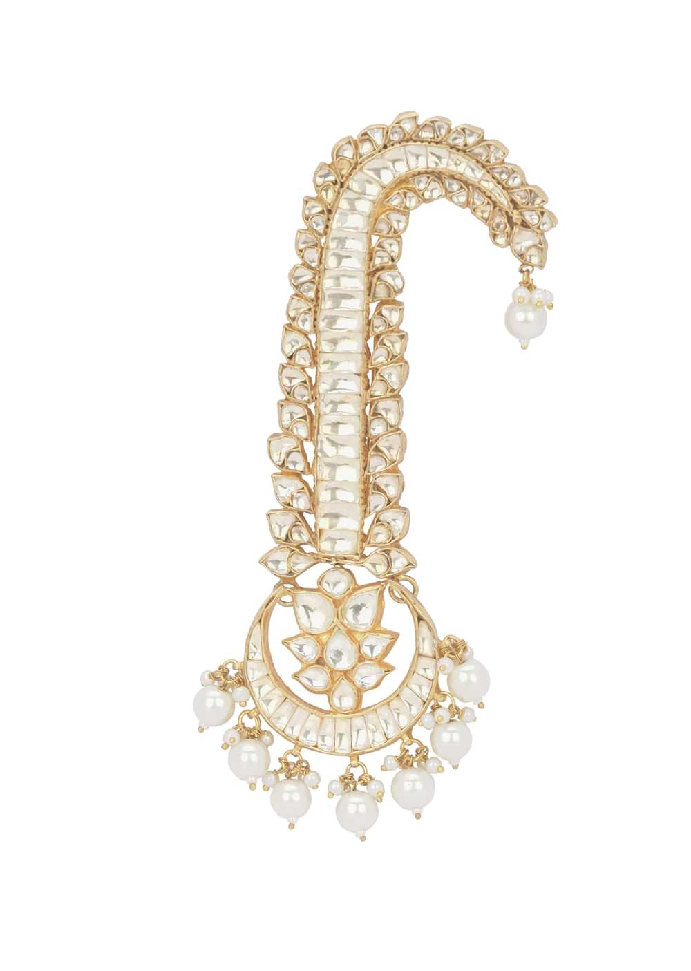 White Crescent Motif Kalgi With Encrusted Kundan And Pearl Drops