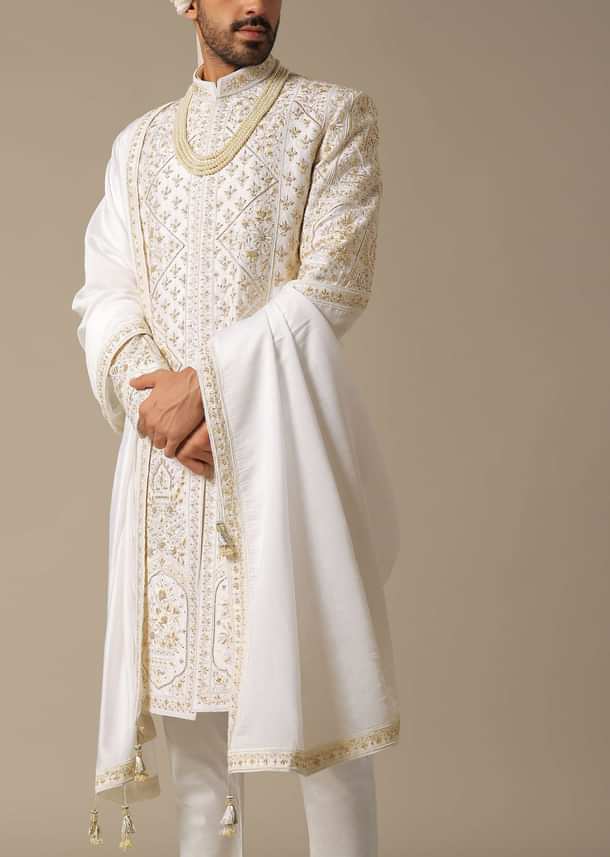 White Elegant Sherwani Set For Grooms