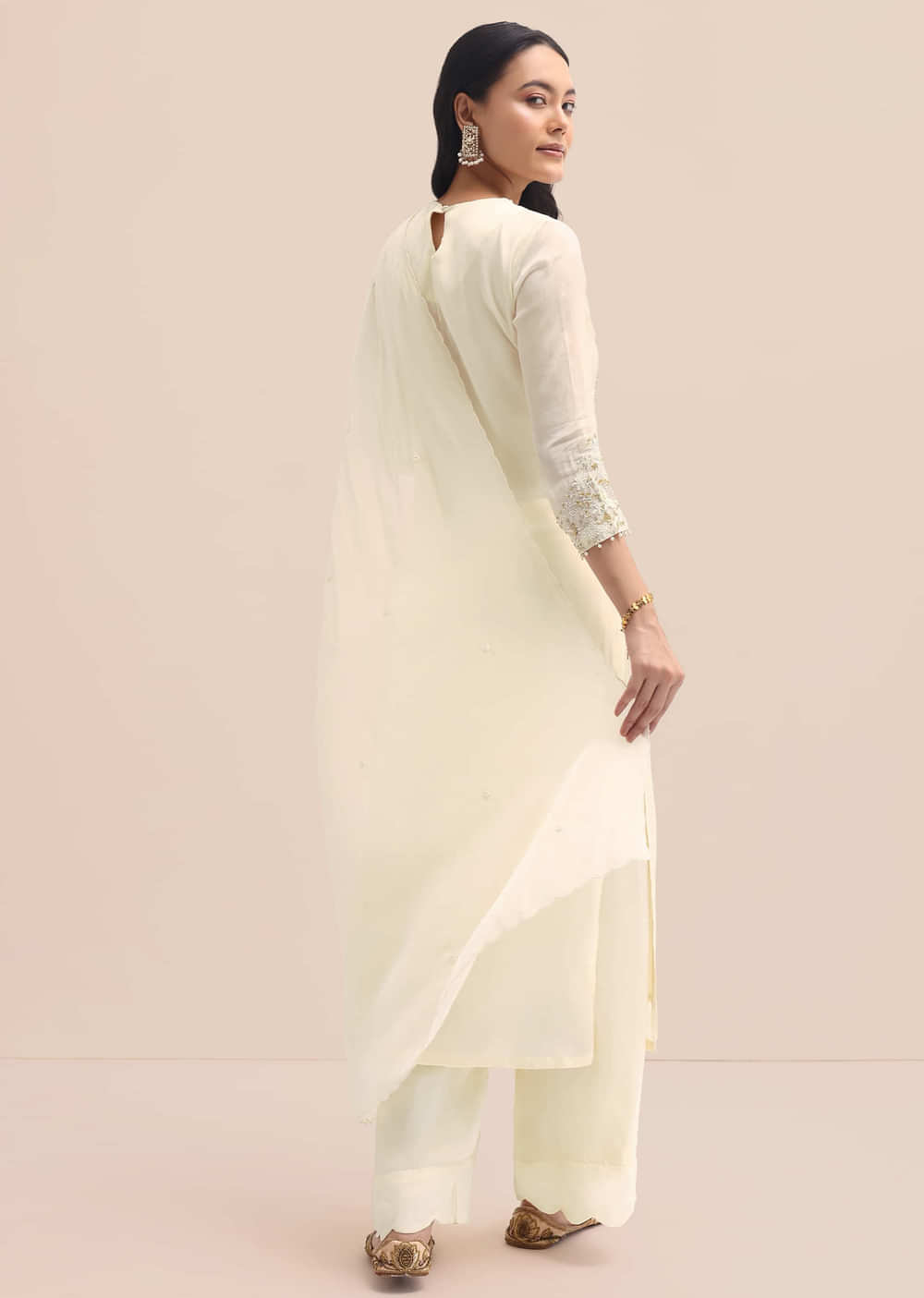 White Embroidered Chiffon Kurta Set With Dupatta