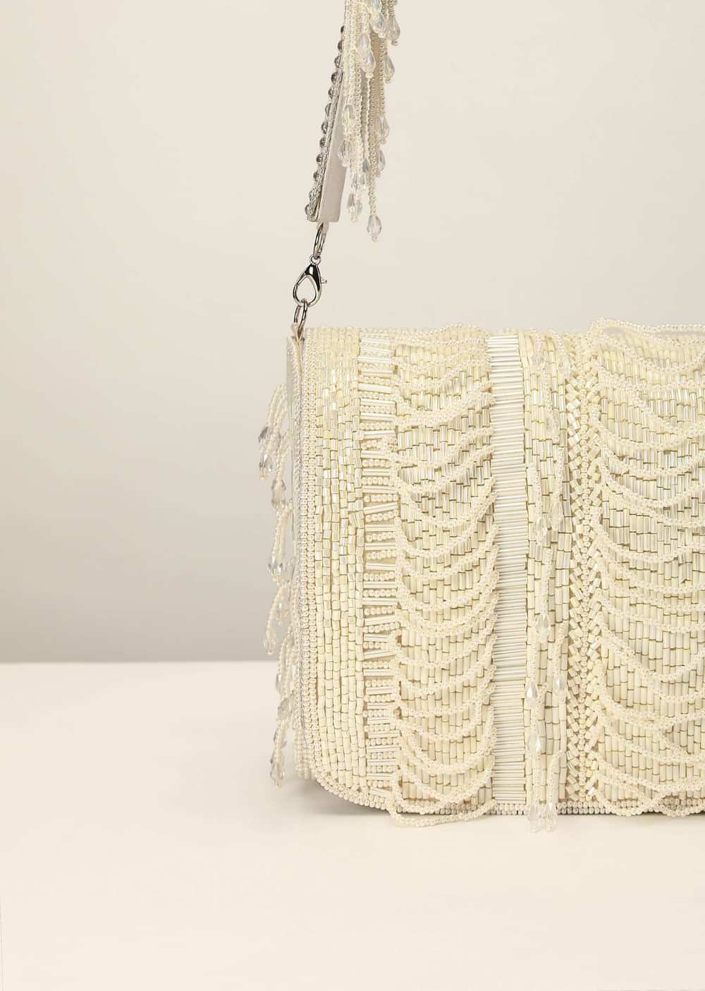 White Embroidered Clutch Bag With Cut Dana Work And Pearl Loops