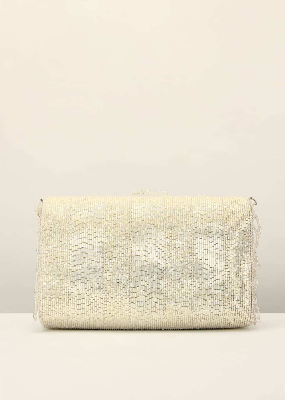 White Embroidered Clutch Bag With Cut Dana Work And Pearl Loops