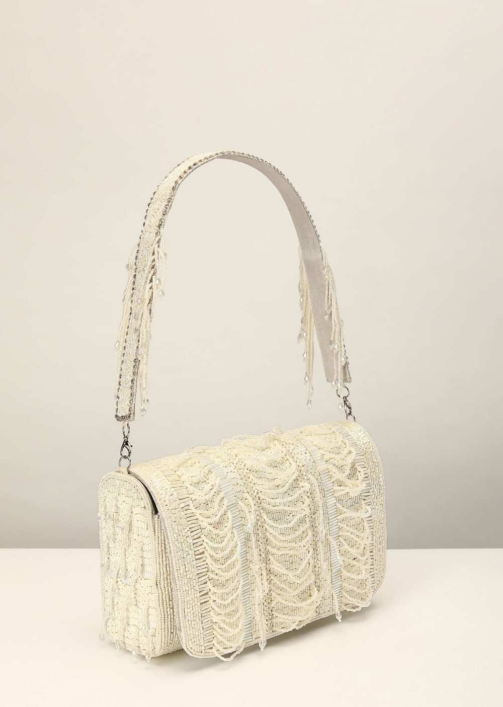 White Embroidered Clutch Bag With Cut Dana Work And Pearl Loops