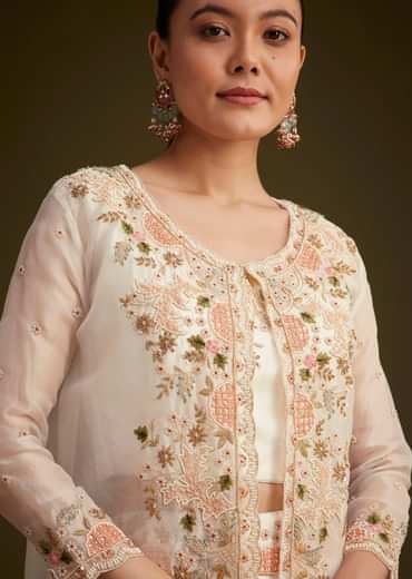 White Embroidered Croptop Palazzo And Jacket Set