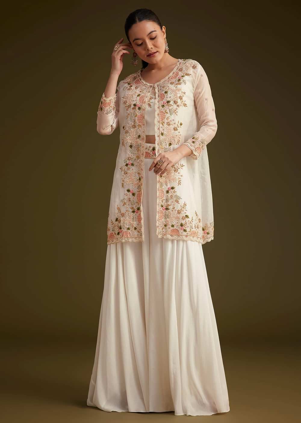 White Embroidered Croptop Palazzo And Jacket Set