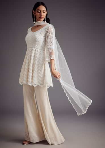 White Embroidered Peplum Kurta With Palazzo And Net Dupatta