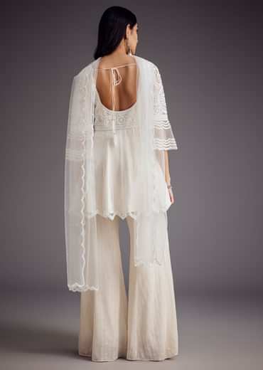 White Embroidered Peplum Kurta With Palazzo And Net Dupatta