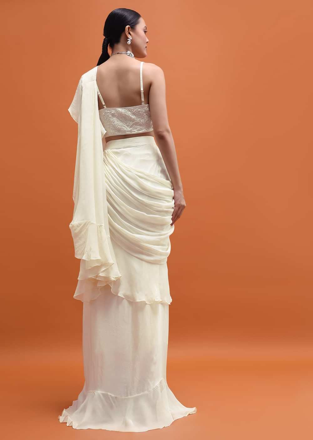 White Embroidered Silk Blouse And Skirt With Attached Dupatta