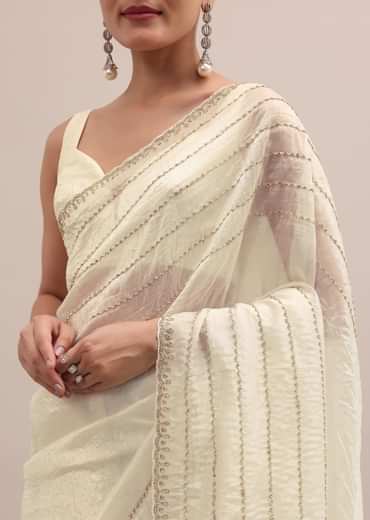 White Embroidered Tissue Saree With Unstitched Blouse