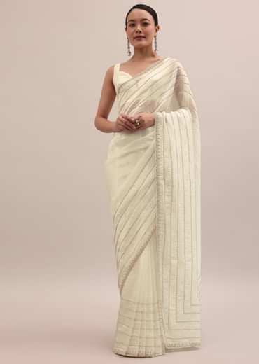 White Embroidered Tissue Saree With Unstitched Blouse