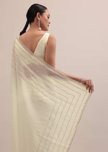White Embroidered Tissue Saree With Unstitched Blouse